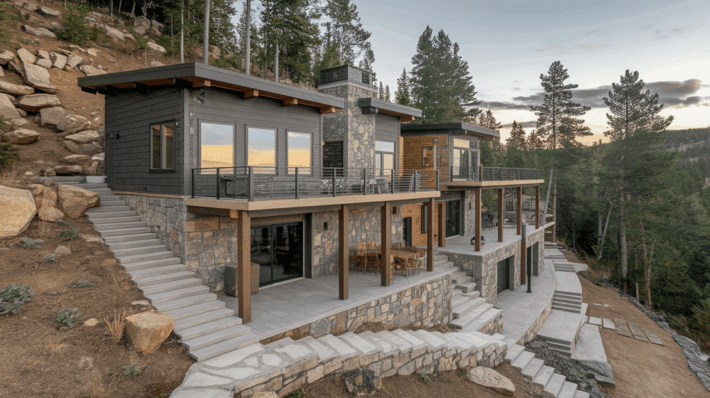 side or aerial view of a multi level mod