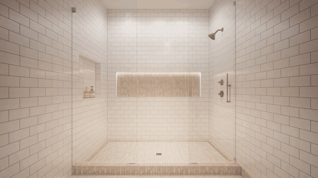 all white spa walk in tile shower idea