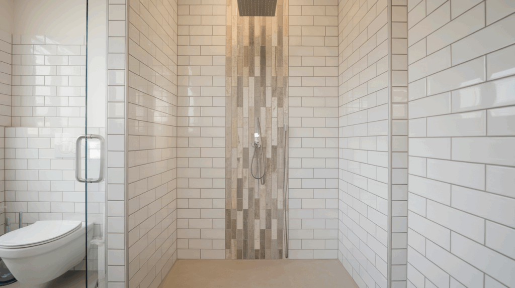 ceiling to floor feature column walk in tile shower idea