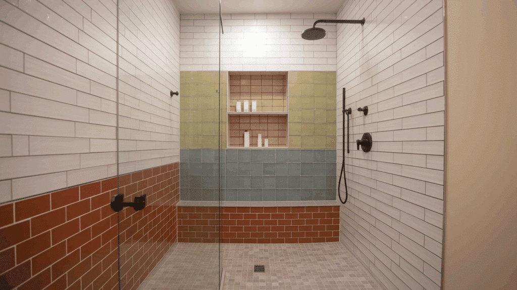 color blocked zones walk in tile shower idea