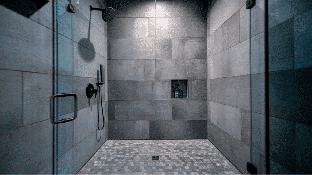 concrete look urban walk in tile shower idea