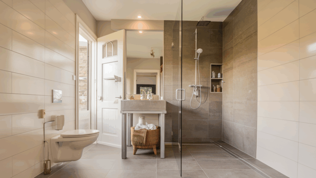 continuous floor tile walk in tile shower idea