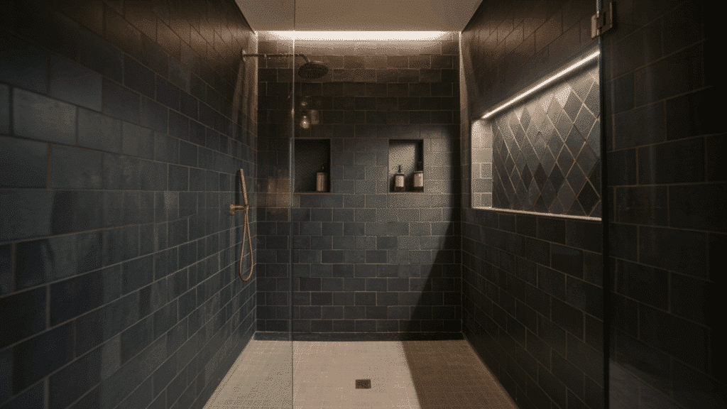 dark moody charcoal walk in tile shower idea