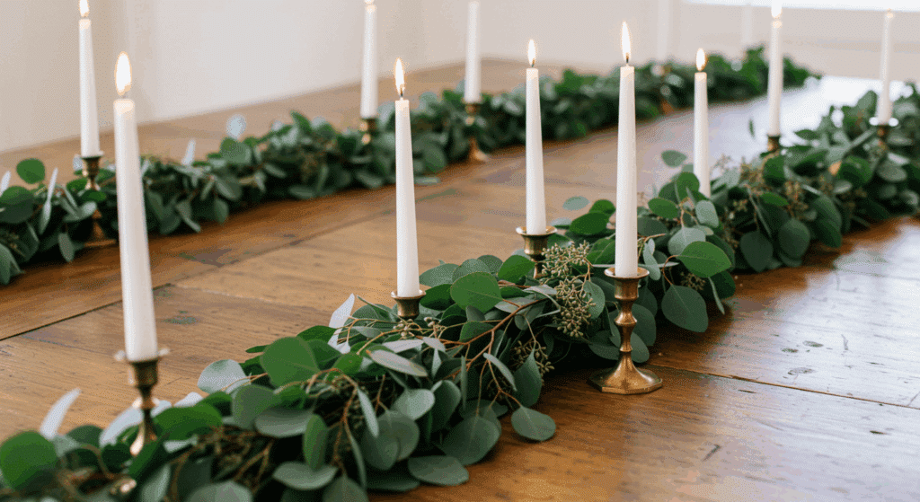 eucalyptus garland and taper candle spread