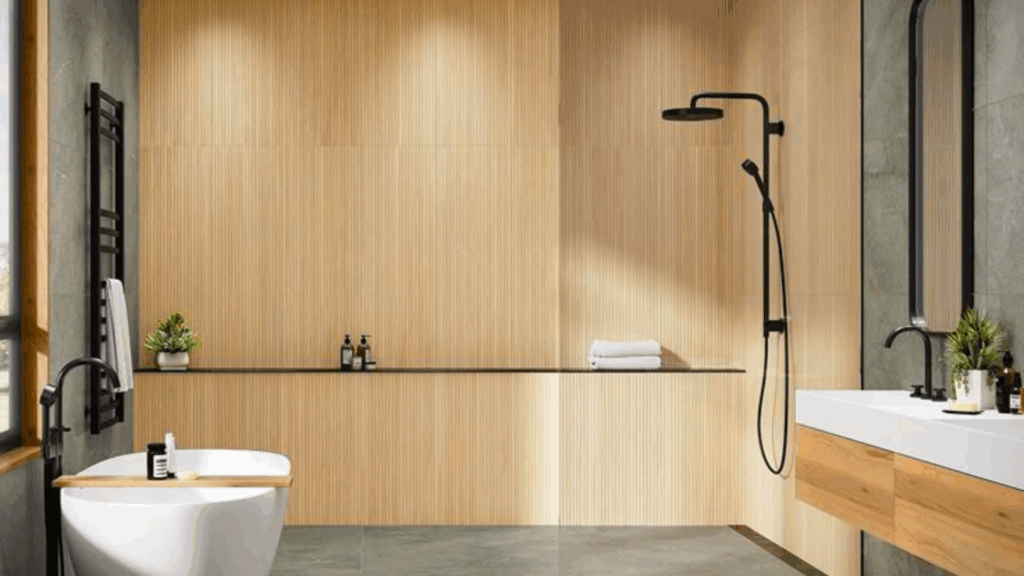 fluted reeded wall walk in tile shower idea