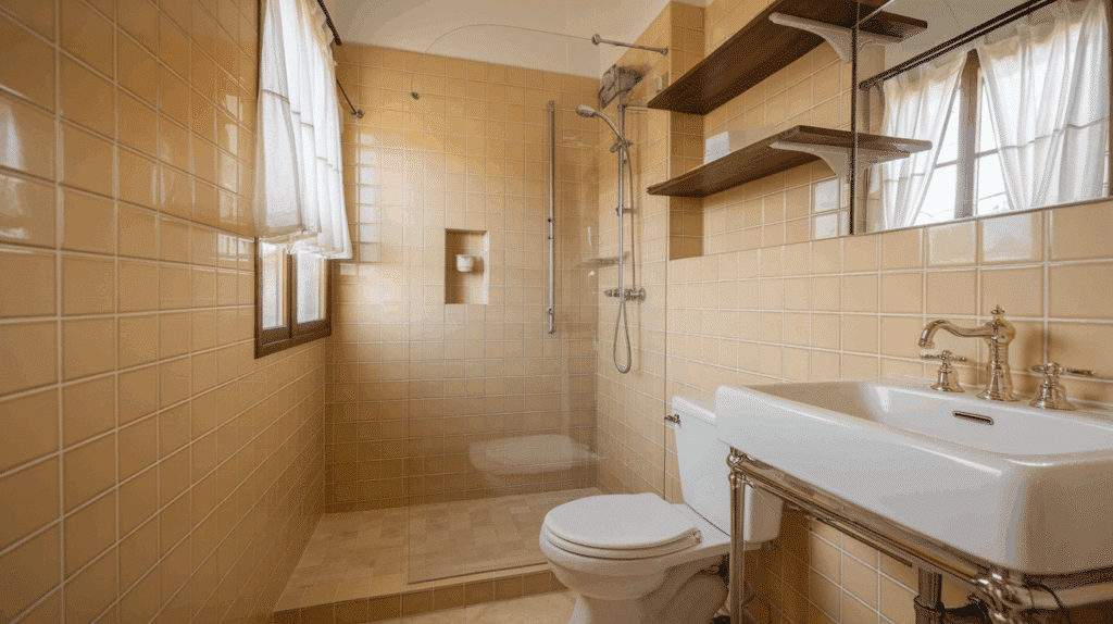 grid style square tile walk in tile shower idea