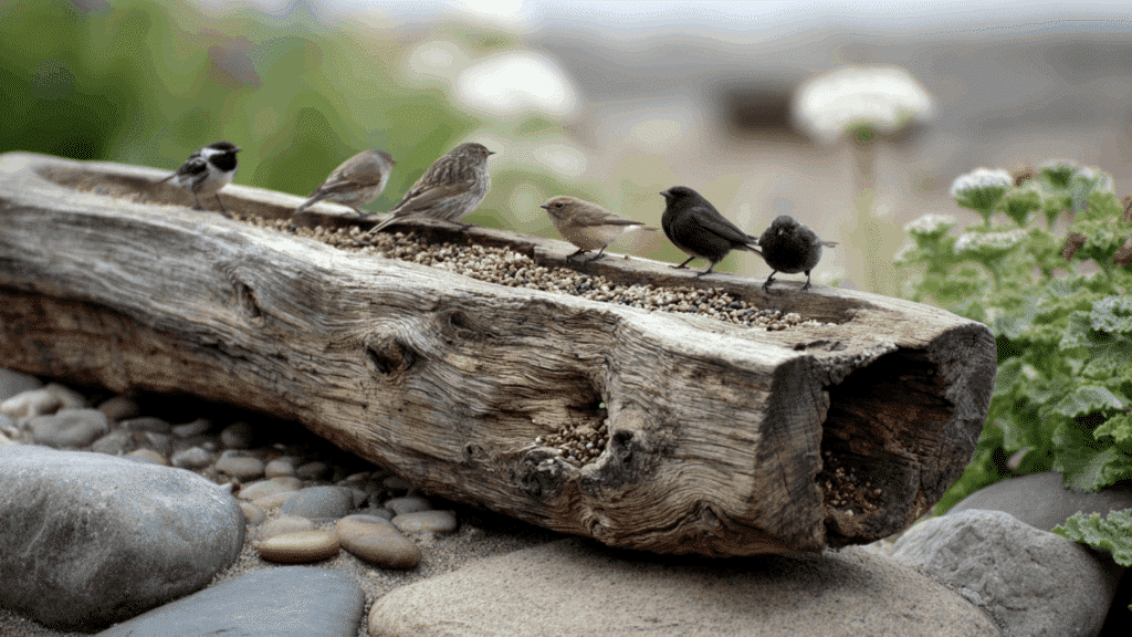 hollowed driftwood trough feeder