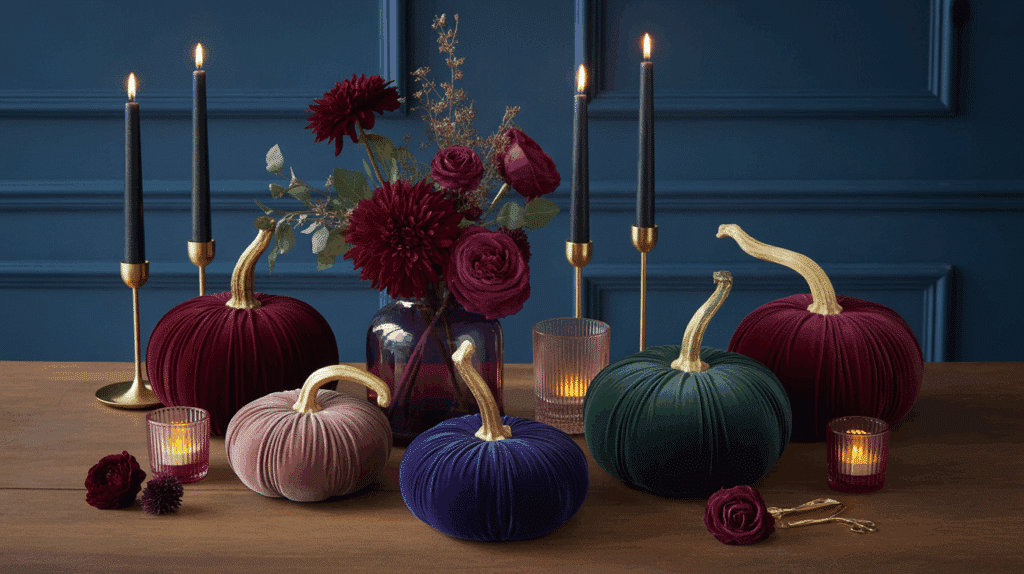 jewel tone velvet pumpkin display