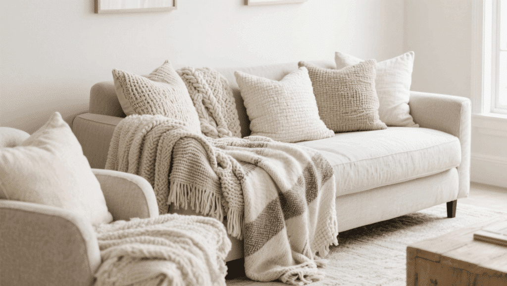 layered textures with throws and cushions