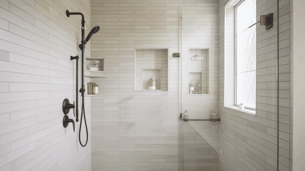 mixed metal fixtures walk in tile shower idea