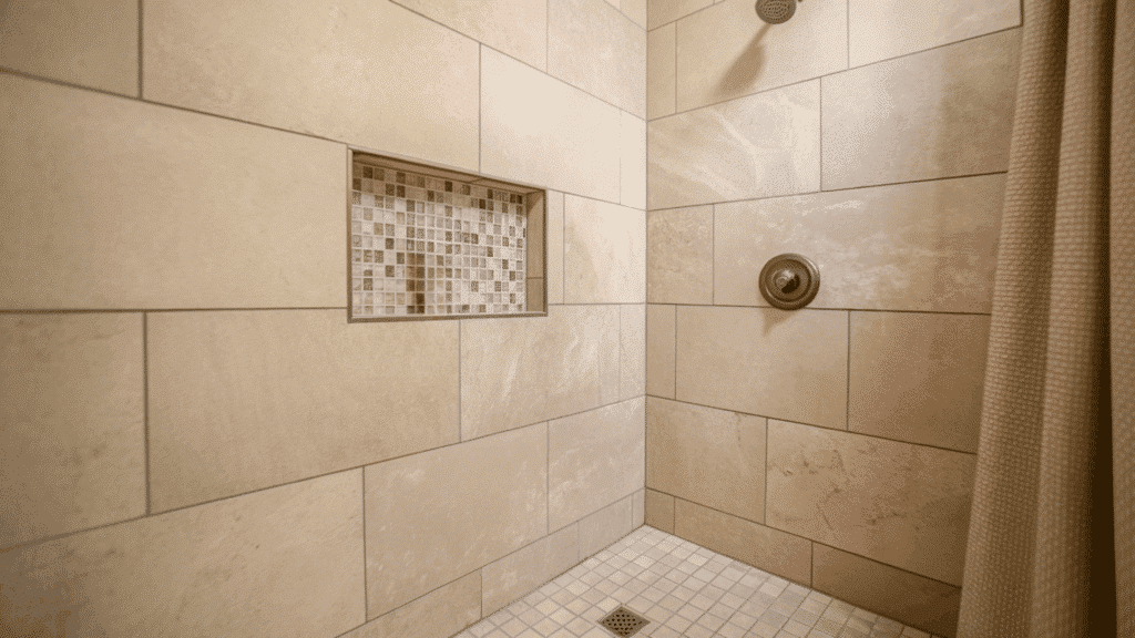 mixed tile sizes one color walk in tile shower idea