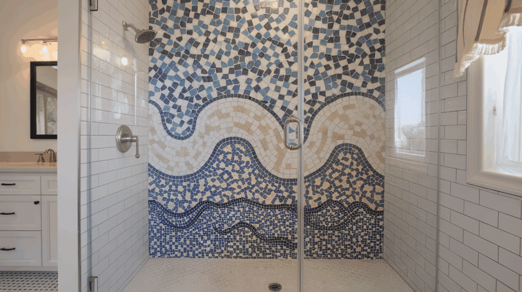 mosaic jewel box walk in tile shower idea
