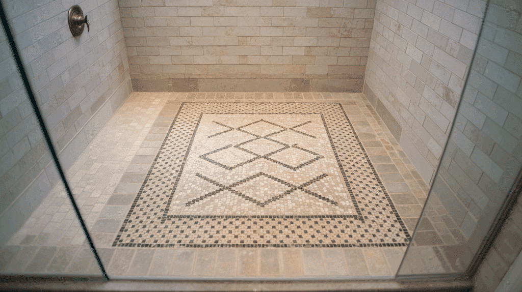 mosaic rug floor walk in tile shower idea