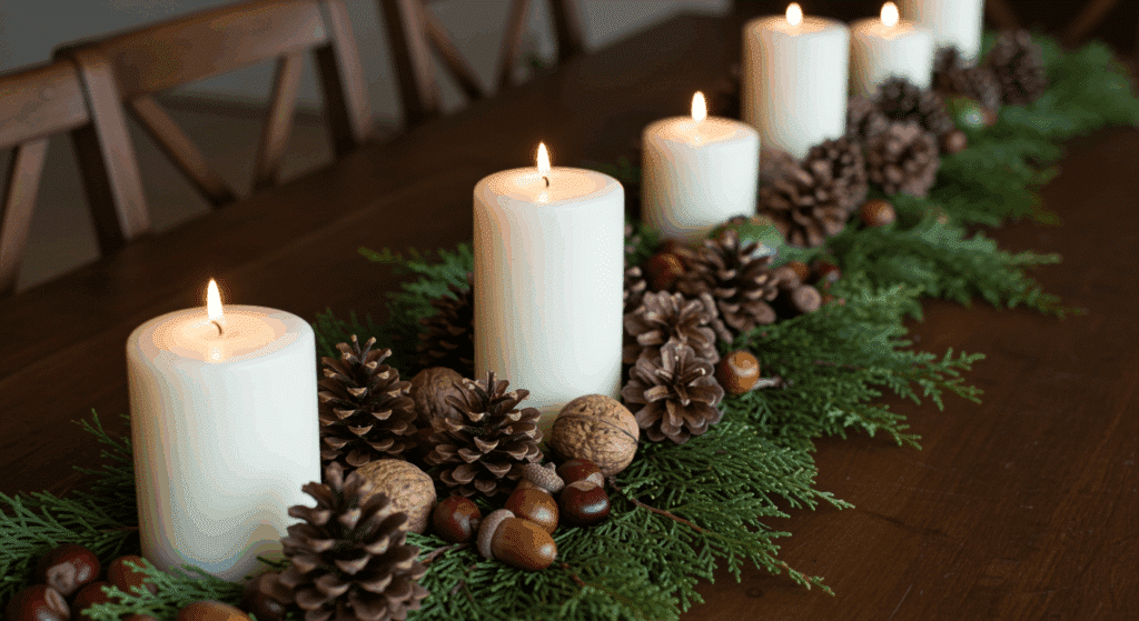 nature inspired greenery and pinecone runner