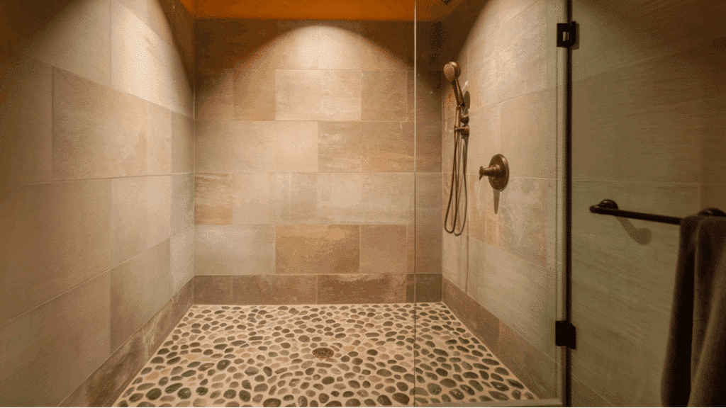 pebble river rock floor walk in tile shower idea
