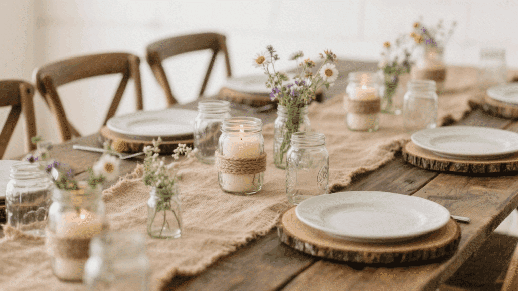 rustic burlap and wood tablescape