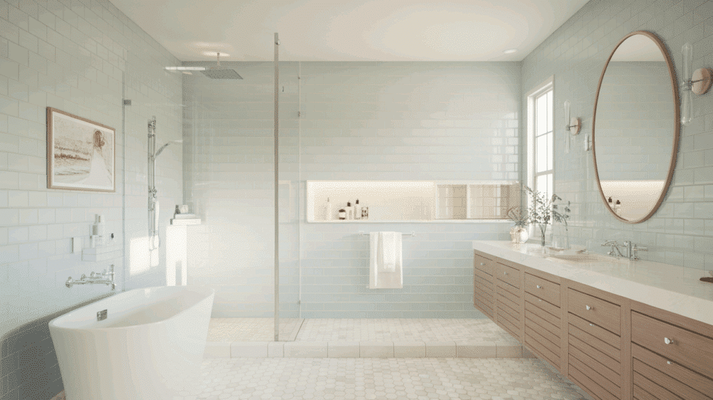 soft coastal blue walk in tile shower idea