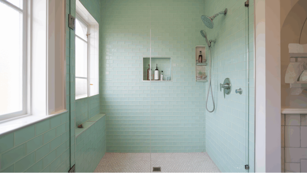 soft pastel tiles walk in tile shower idea