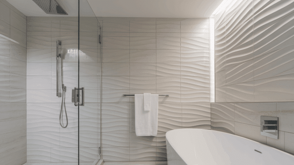 textured white wave walk in tile shower idea
