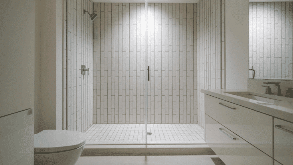 thin linear tile walk in tile shower idea