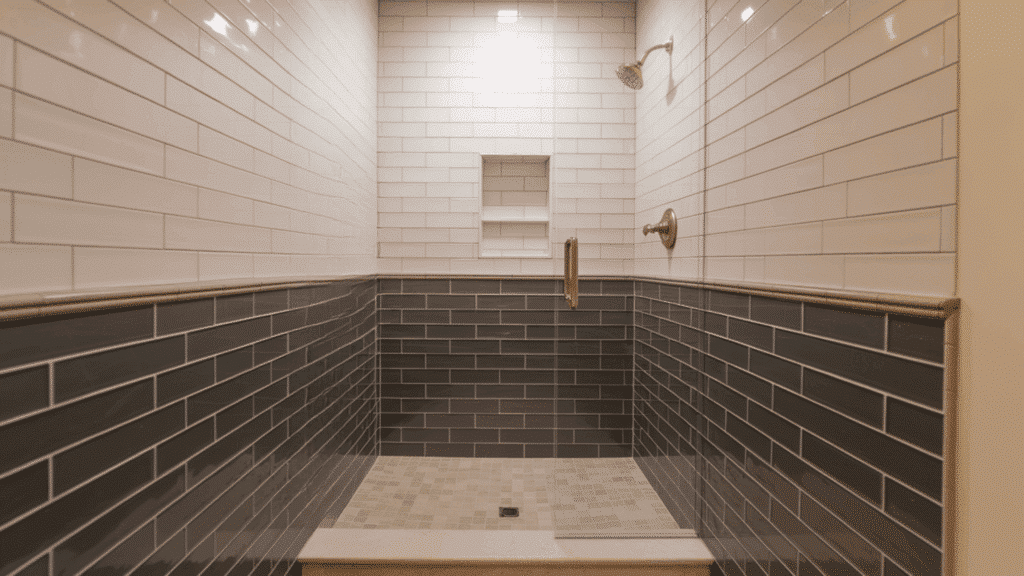 two tone horizontal break walk in tile shower idea