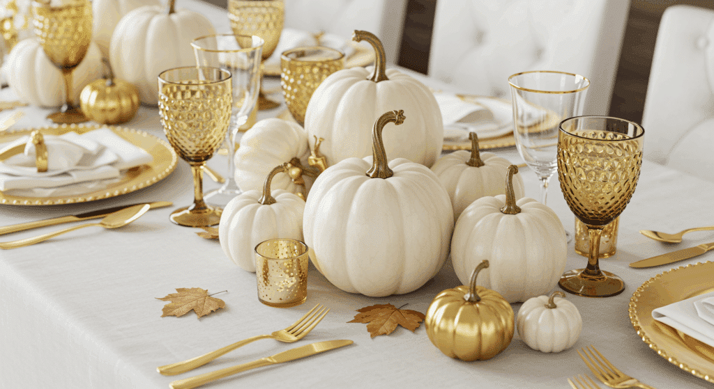 white pumpkin and gold luxe tablescape