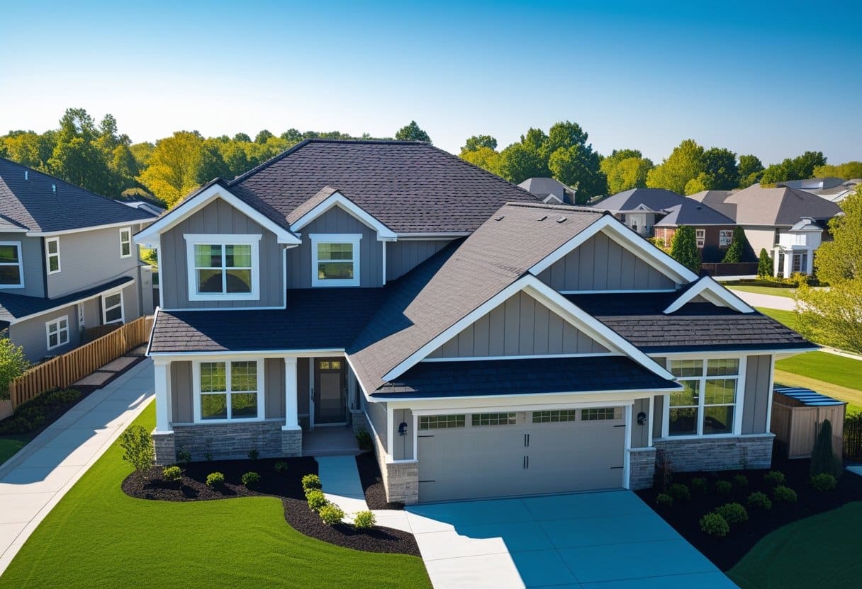A modern house with a newly installed shingle roof under a clear blue sky.
