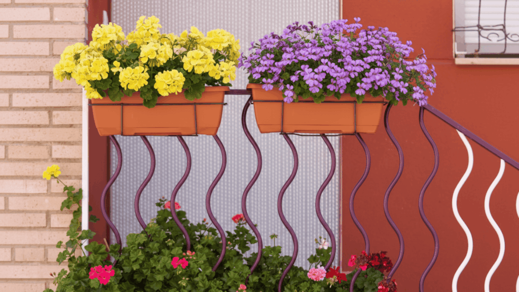 balcony fairy garden with railing planters
