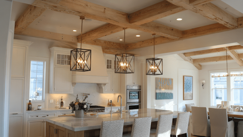 beams with pendant lights installed