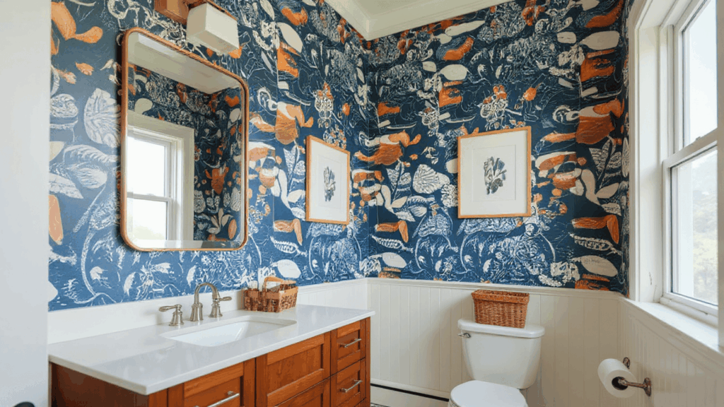 bold wallpaper accent half bathroom remodel ideas