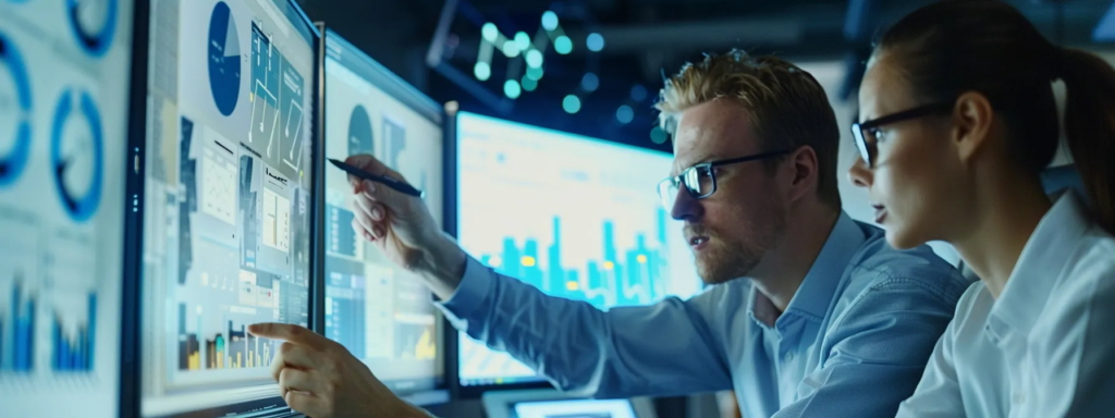 Two professionals examining a large screen filled with data, highlighting the role of knowledge management in decision-making