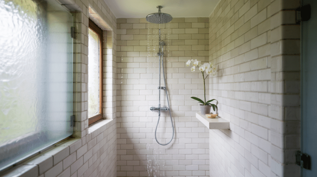 ceiling mounted showerhead walk in shower small bathroom ideas