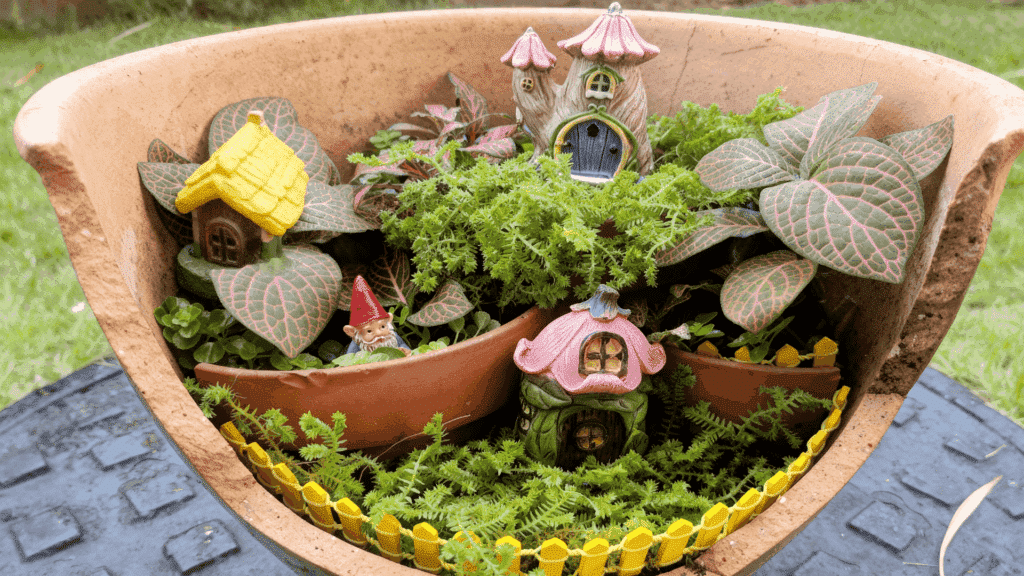container fairy garden in a ceramic pot