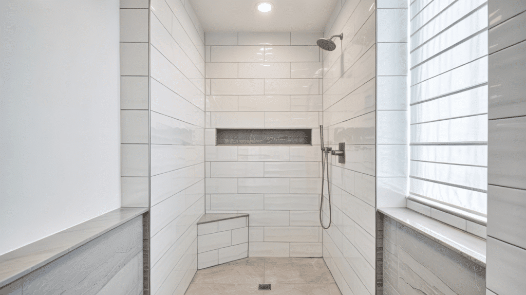 corner foot ledge walk in shower small bathroom ideas