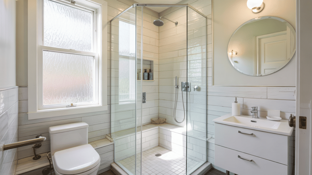 corner walk in shower clear panels small bathroom ideas