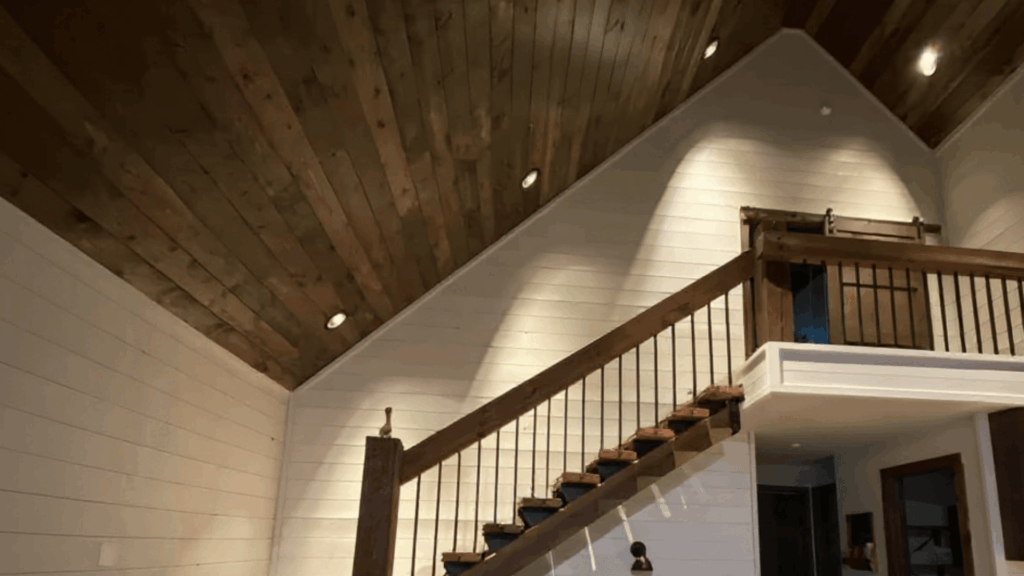 dark stained wood vaulted ceiling