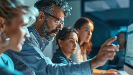 team of people focused on a computer screen that shows a knowledge management software guide