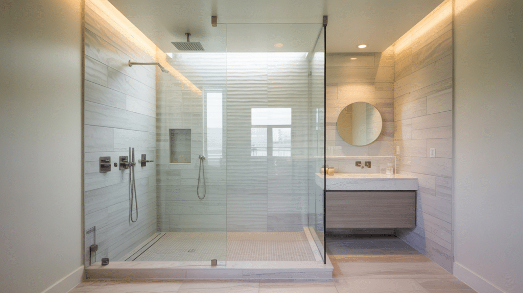 floor to ceiling glass walk in shower small bathroom ideas