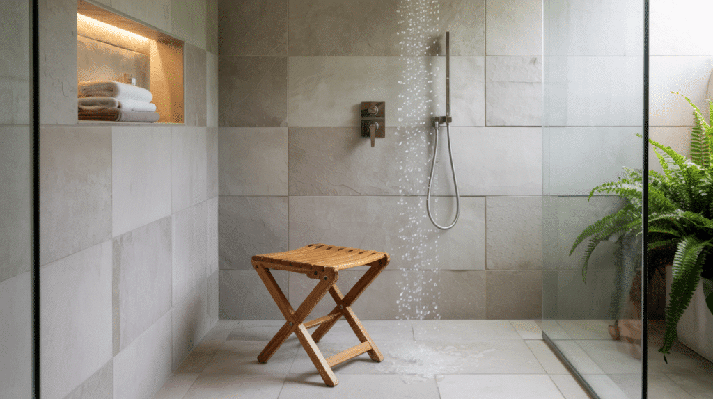 foldable teak seat walk in shower small bathroom ideas