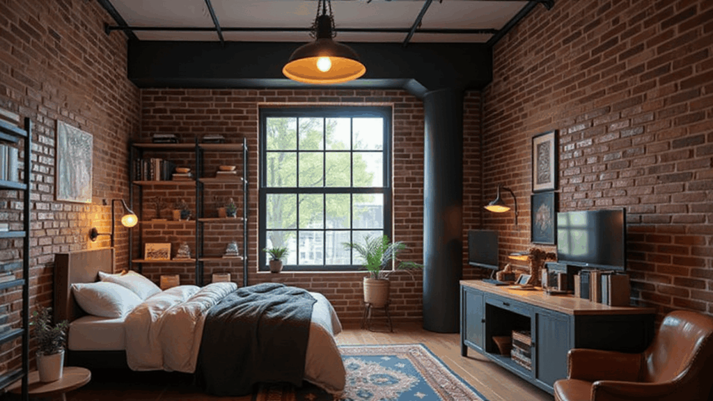 industrial chic bedroom with exposed brick