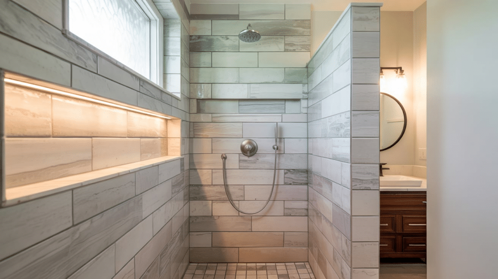 large format tile walk in shower small bathroom ideas