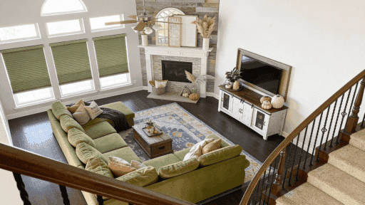 living room layout with corner fireplace