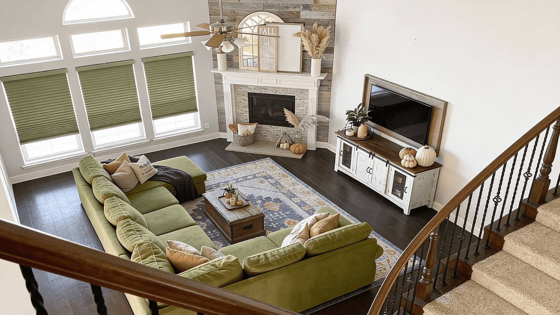 living room layout with corner fireplace