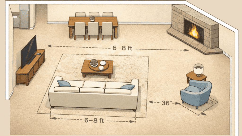 living room sofa back divider layout with corner fireplace