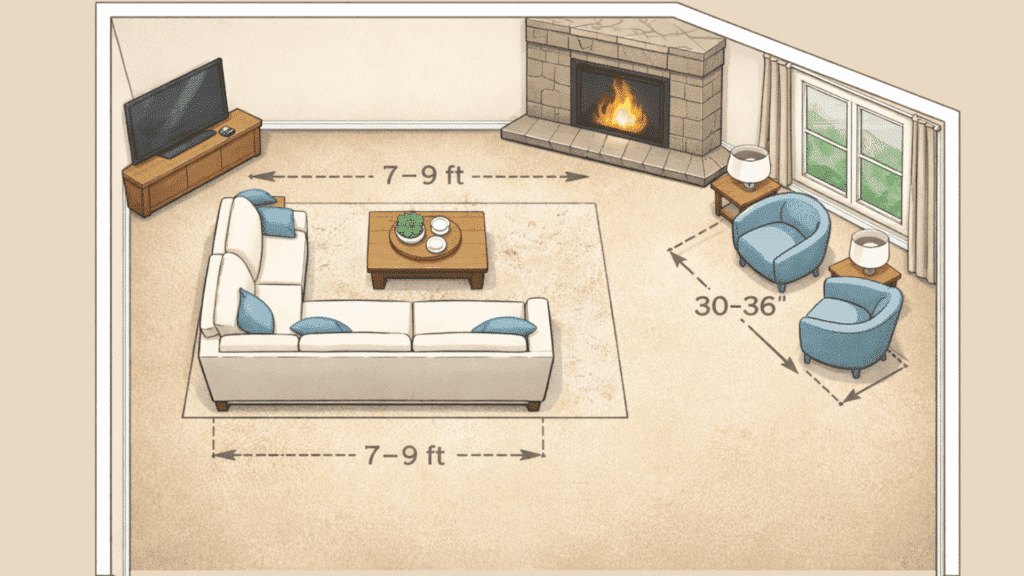 living room split seating layout with corner fireplace