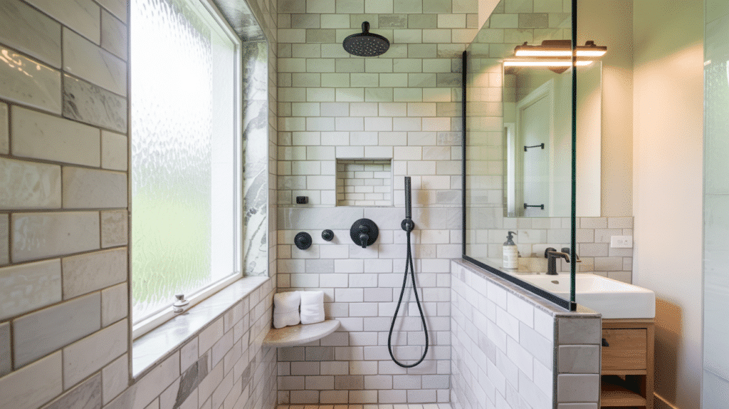 matte black hardware walk in shower small bathroom ideas