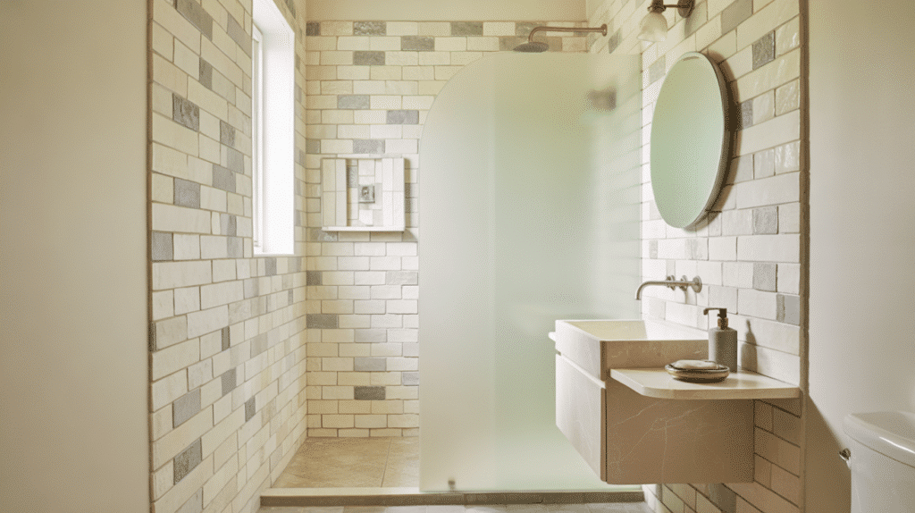 mixed texture tile walk in shower small bathroom ideas