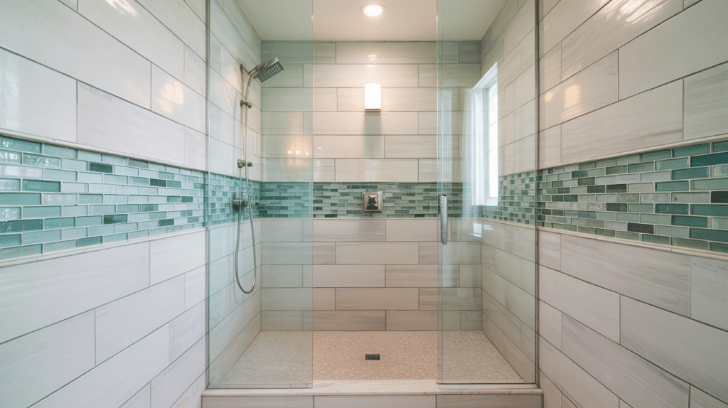 mosaic accent strip walk in shower small bathroom ideas