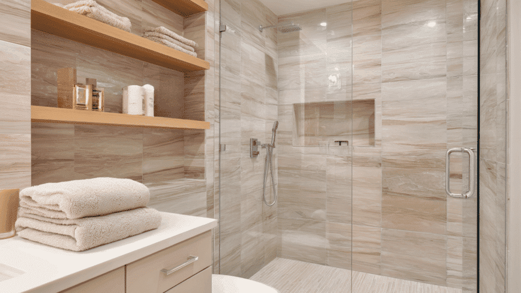 open bathroom shelving