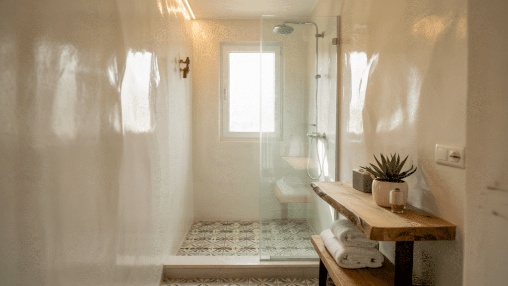 patterned floor tile walk in shower small bathroom ideas